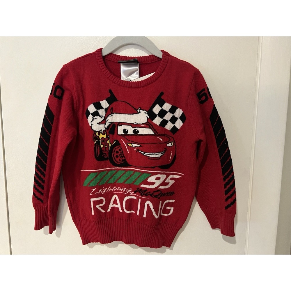 Disney Pixar Cars Sweater Boys 3T‎ Red Lightning McQueen Santa Racing Christmas